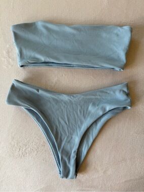 Zaful Light Blue Ribbed Bandeau Bikini Top